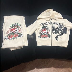 Ed Hardy Women's Cream Wide Leg Pants & Hoodie Set